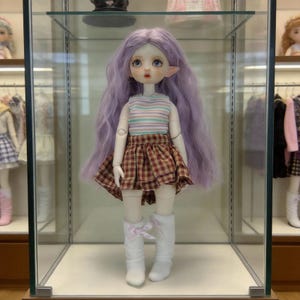 May include: A doll with long, wavy lavender hair, wearing a striped top, plaid skirt, and white boots with pink bows. The doll has delicate features and is displayed in a glass case.