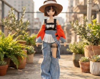 1/6 BJD Blythe Techwear Streetwear 5-Piece Set Ripped Cargo Pants Ob22 Ob24 Azone 22cm Doll Clothes