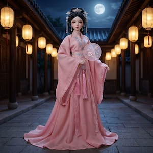 May include: A doll in a traditional pink Chinese Hanfu dress, holding a fan. The doll has black hair and is adorned with a headpiece. The background features a moonlit night scene with lanterns and a traditional building.