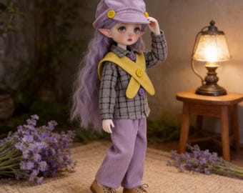 Abbigliamento per bambola YoSD BJD in scala 1/6 / Completo vintage lavanda con camicia a quadri e papillon / Abito Dark Academia per bambola da 30 cm / Abbigliamento retrò per bambole maschio e femmina