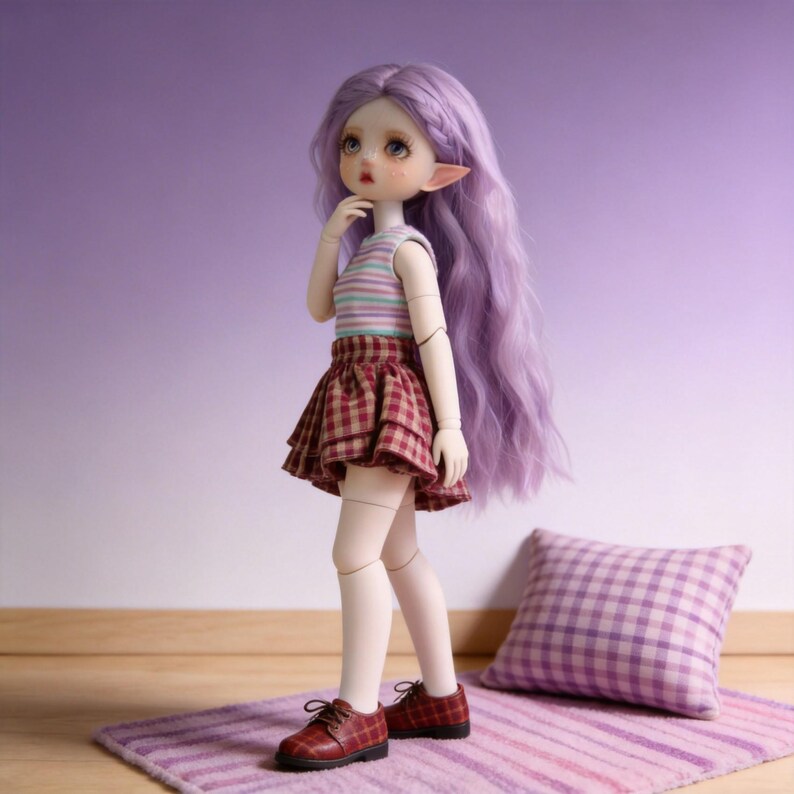 May include: A doll with long, lavender hair and pointed ears, wearing a striped top and a plaid skirt. The doll is posed on a purple rug, with a matching plaid pillow nearby. The doll's shoes are a dark red plaid.