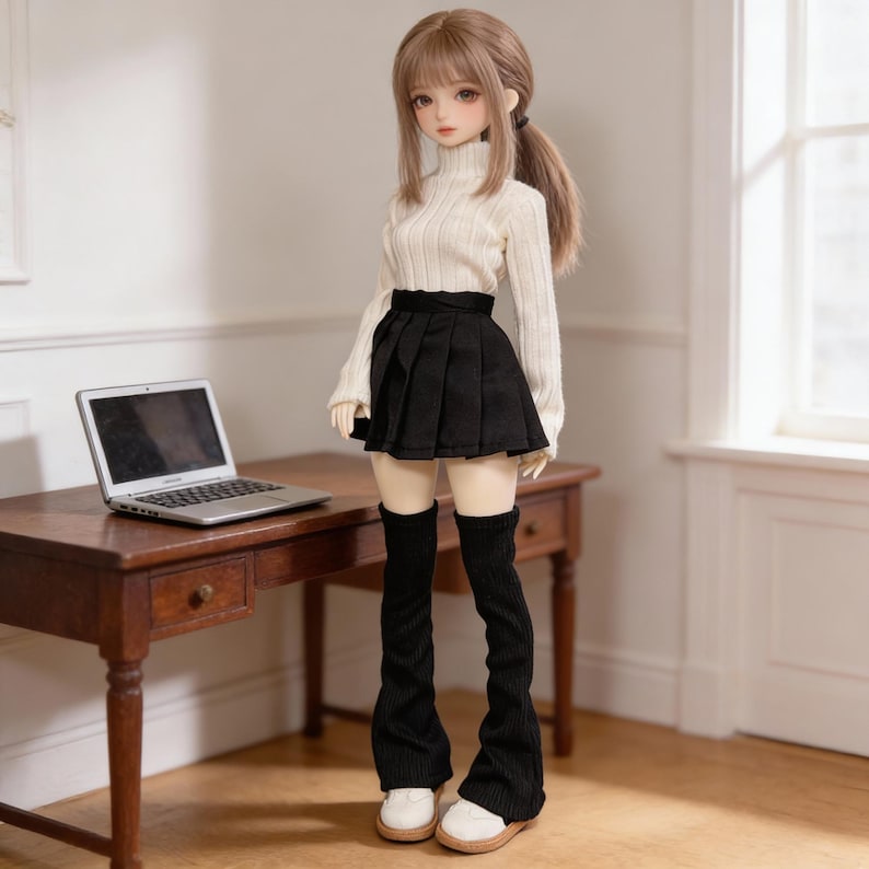 May include: A doll wearing a cream-colored turtleneck sweater, a black pleated skirt, and black leg warmers. The doll is also wearing white shoes. A laptop sits on a wooden desk in the background.