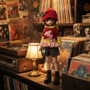 May include: A doll with brown hair wearing a red knit beanie, a yellow long-sleeve shirt with polka dots, a red short-sleeve shirt with small rectangular labels, a pink polka-dot ruffled hem, dark gray shorts, and black lace-up platform boots.