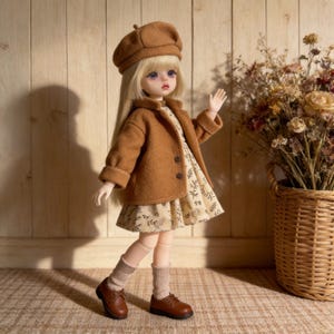 K&ouml;nnte beinhalten: Eine Puppe mit braunem Barett, Jacke und Kleid mit floralem Muster. Die Puppe hat lange blonde Haare, braune Schuhe und beige Socken. Im Hintergrund befindet sich ein Korb mit Trockenblumen.