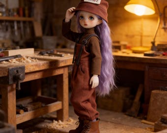 1/6 YoSD BJD Vestiti / Salopette marrone vintage e set cappello a secchiello / Completo da bambola tomboy da 30 cm / Top casual in maglia Mori Boy Workwear
