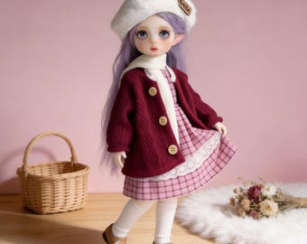 1/6 YoSD BJD Clothes | Red Knit Cardigan and Pink Plaid Dress | 30cm Doll French Chic Outfit | Preppy Kawaii Beret Hat Set