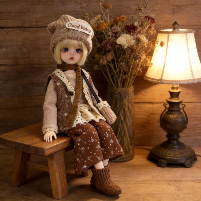 Blythe Cottagecore Outfit Set, Mori Girl Knit Vest & Floral Pants, Fits OB24 Azone, 1/6 BJD Winter Clothes, 6-Piece Vintage Autumn Look image 4