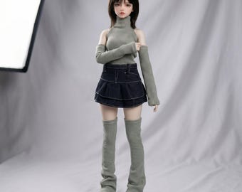 Y2K Grunge 1/3 SD 1/4 MSD BJD Clothes Denim Skirt Knit Top Arm Leg Warmers 6-Piece Outfit