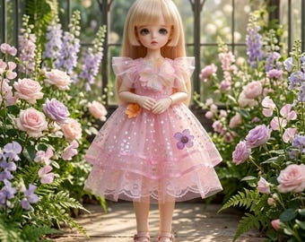Abito da principessa rosa in pizzo floreale per BJD 1/6, in tulle, per bambola YoSD da 30 cm (12 pollici), in un unico pezzo.