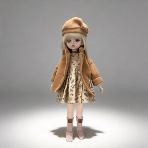 1/6 BJD Wintermantel Outfit, Vintage Puppenkleid Set, passend für OB22 OB24 Azone, Neo Blythe Kleidung, Dark Preppy Beret, 4-Teile-Look Bild 6
