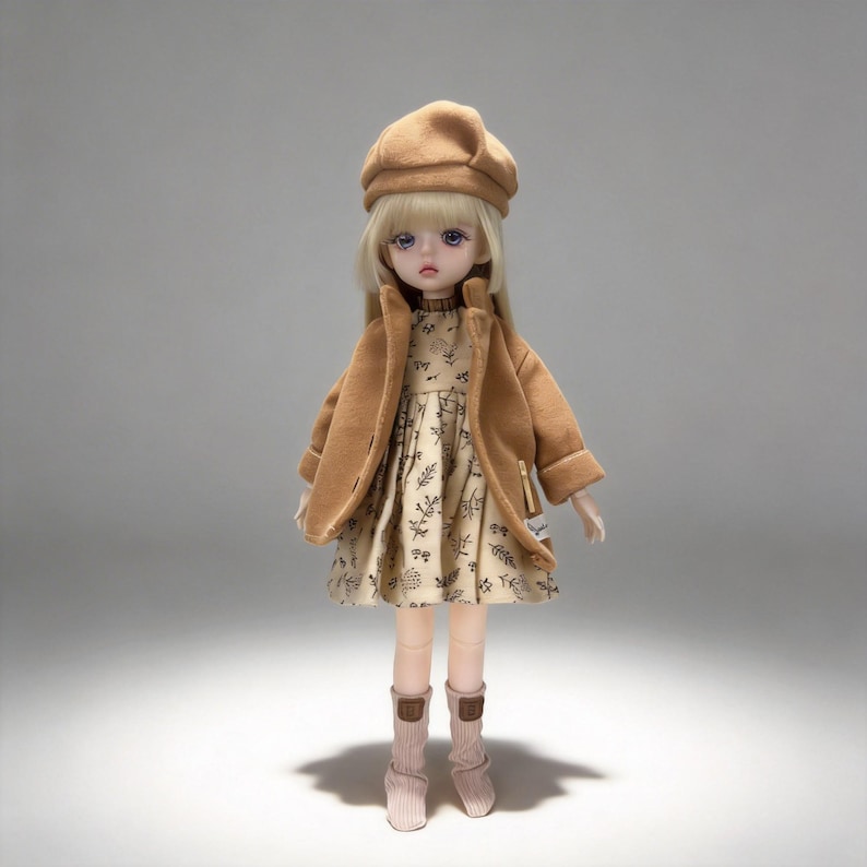 1/6 BJD Wintermantel Outfit, Vintage Puppenkleid Set, passend für OB22 OB24 Azone, Neo Blythe Kleidung, Dark Preppy Beret, 4-Teile-Look Bild 6