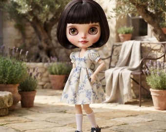 1/6 BJD Blythe Ob22 Ob24 Abito blu floreale con maniche a sbuffo YoSD 30 cm 12 pollici Vestiti per bambole alla moda in un unico pezzo