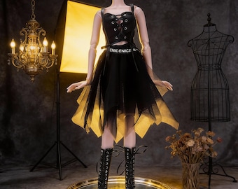 Set di vestiti per bambole BJD 1/3 1/4 1/6 / Corsetto gotico nero con lacci e gonna in tulle / Abito alla moda per bambole Sd Msd Yosd / Vestito punk con stivali per bambole
