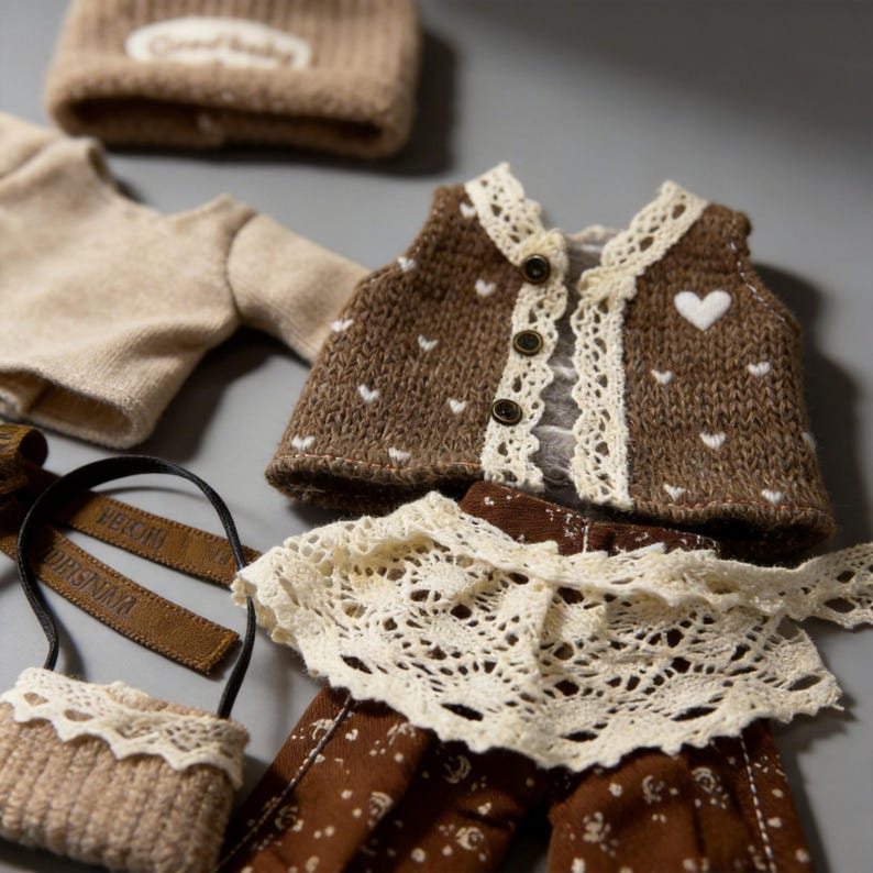 May include: A collection of doll clothes in neutral tones. The ensemble includes a brown knit vest with white heart accents, a cream-colored lace collar, and brown pants with a white dot pattern. A small purse with a lace trim and a knit hat are also visible.