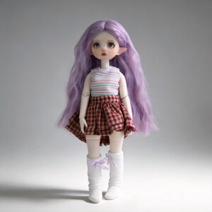 May include: A doll with long lavender hair and pointed ears. The doll wears a striped top, a plaid skirt, and white knee-high socks with lavender bows. The doll has a pale complexion and is standing.