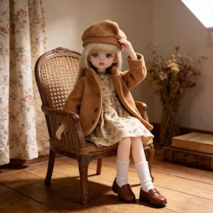 K&ouml;nnte beinhalten: Eine Puppe mit blonden Haaren, bekleidet mit einem braunen Mantel, Hut und Kleid, sitzt in einem Korbstuhl. Die Puppe tr&auml;gt auch wei&szlig;e Socken und braune Loafer. Der Hintergrund zeigt einen floralen Vorhang und Trockenblumen.