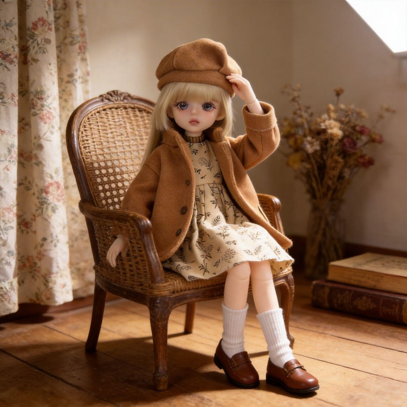 K&ouml;nnte beinhalten: Eine Puppe mit blonden Haaren, bekleidet mit einem braunen Mantel, Hut und Kleid, sitzt in einem Korbstuhl. Die Puppe tr&auml;gt auch wei&szlig;e Socken und braune Loafer. Der Hintergrund zeigt einen floralen Vorhang und Trockenblumen.