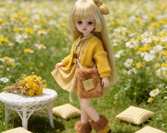 1/6 BJD Clothes YoSD Outfit, Cottagecore Abito a quadri gialli e cardigan lavorato a maglia, Abiti per bambole da 30 cm, Moda in miniatura, Fairycore