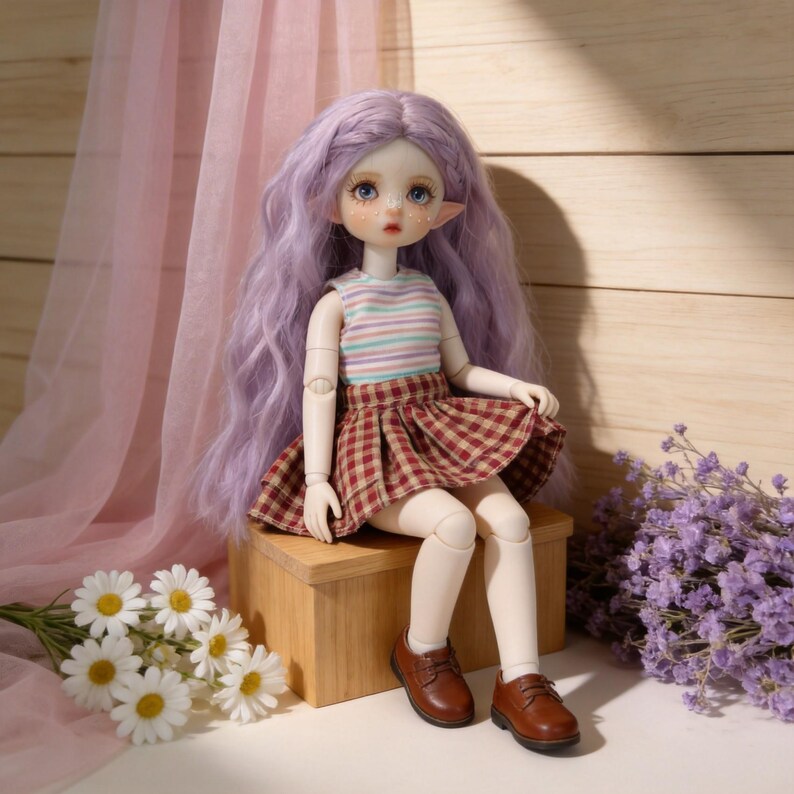 May include: A seated doll with long, lavender hair and blue eyes. The doll wears a striped top, a plaid skirt, and brown shoes. It is posed on a small wooden box, with daisies and purple flowers nearby. The doll has pointed ears.