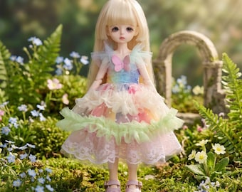 Abito da fata arcobaleno pastello 1/6 BJD Ob22 Ob24 con farfalle in tulle YoSD 30 cm, vestito per bambola alla moda in un unico pezzo