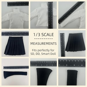 May include: A collection of doll clothing, including a white turtleneck sweater with vertical stripes, a black pleated skirt, and black socks. The text on the image reads "1/3 SCALE MEASUREMENTS Fits perfectly for SD, DD, Smart Doll."
