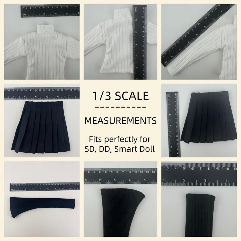 May include: A collection of doll clothing, including a white turtleneck sweater with vertical stripes, a black pleated skirt, and black socks. The text on the image reads "1/3 SCALE MEASUREMENTS Fits perfectly for SD, DD, Smart Doll."
