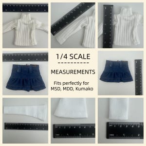 May include: A white ribbed turtleneck sweater and a denim skirt, both miniature doll clothing items. The image includes a ruler for scale, and text that reads "1/4 SCALE MEASUREMENTS" and "Fits perfectly for MSD, MDD, Kumako."