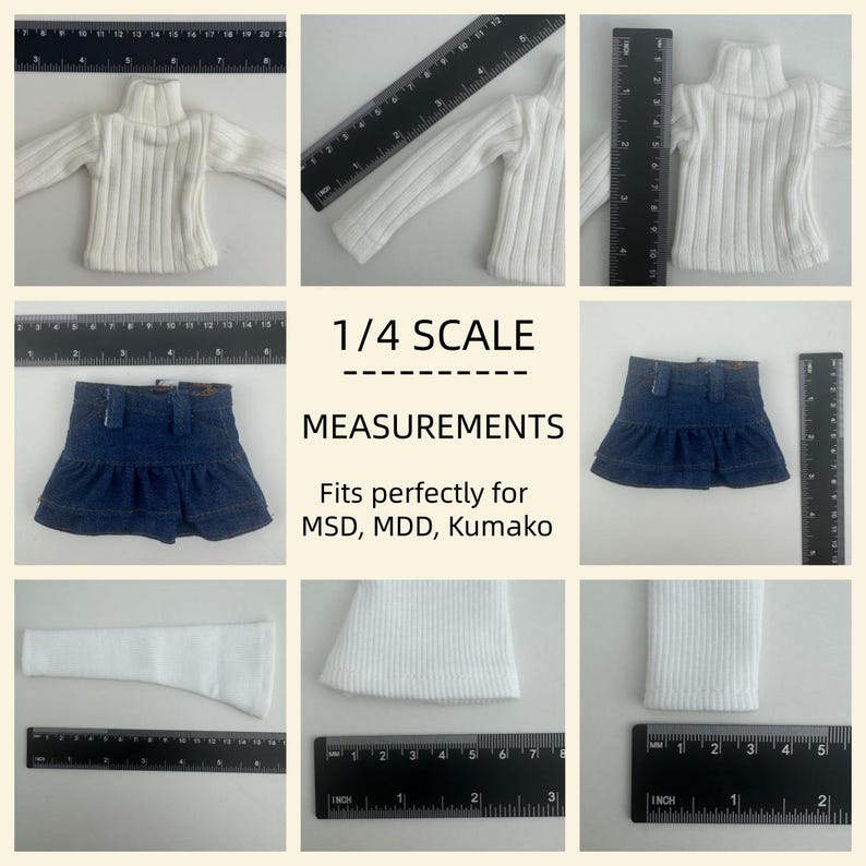 May include: A white ribbed turtleneck sweater and a denim skirt, both miniature doll clothing items. The image includes a ruler for scale, and text that reads "1/4 SCALE MEASUREMENTS" and "Fits perfectly for MSD, MDD, Kumako."