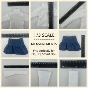 May include: A collection of doll clothing, including a white turtleneck sweater with vertical stripes, a denim skirt, and white socks. The text on the image reads "1/3 SCALE MEASUREMENTS Fits perfectly for SD, DD, Smart Doll."