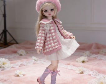 1/6 YoSD BJD Vestiti / Cardigan rosa lavorato a maglia e vestito di pizzo Coquette / Completo morbido da bambola da 30 cm / Set Kawaii con berretto soffice Sweet Lolita
