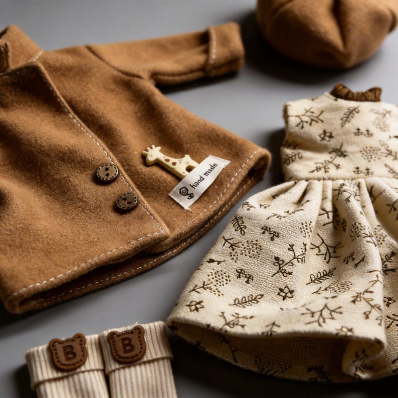 K&ouml;nnte beinhalten: Miniatur-Kleidungsset in Braunt&ouml;nen, bestehend aus einem Mantel mit Holzkn&ouml;pfen, einem Kleid mit floralem Muster, einer Baskenm&uuml;tze und Beinw&auml;rmern. Der Mantel hat einen Giraffen-Anh&auml;nger und ein "hand made"-Etikett.