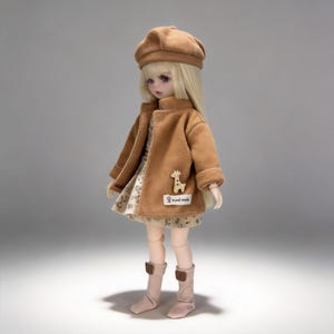 K&ouml;nnte beinhalten: Puppe mit braunem Mantel, passendem Barett und gemustertem Kleid. Der Mantel hat eine Giraffenapplikation und ein "hand made"-Etikett. Die Puppe hat blondes Haar und tr&auml;gt rosa Socken und Stiefel. Die Puppe ist etwa 30 cm gro&szlig;.