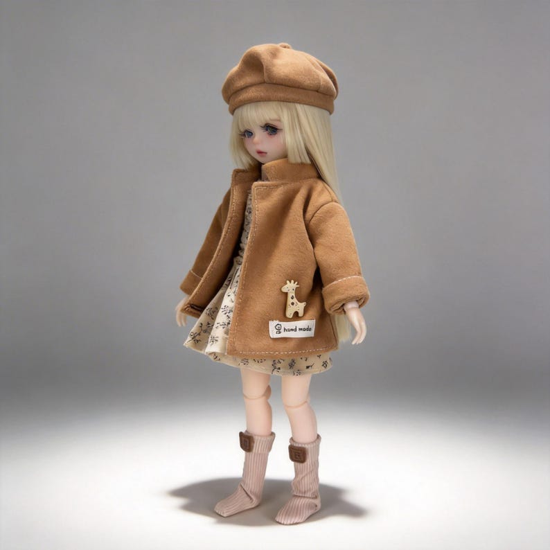 K&ouml;nnte beinhalten: Puppe mit braunem Mantel, passendem Barett und gemustertem Kleid. Der Mantel hat eine Giraffenapplikation und ein "hand made"-Etikett. Die Puppe hat blondes Haar und tr&auml;gt rosa Socken und Stiefel. Die Puppe ist etwa 30 cm gro&szlig;.
