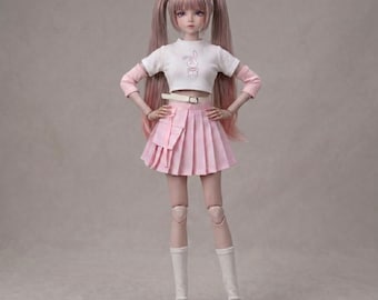 Conjunto de 6 piezas para muñeca SD BJD Y2K Sweet 1/3 de 60 cm: top corto de conejito, falda plisada y calentadores de brazos.