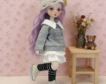 1/6 YoSD BJD Vestiti / Completo preppy con maglione grigio e blu e gonna bianca / Abito da studentessa anime per bambola da 30 cm / Fascia per capelli all'uncinetto kawaii