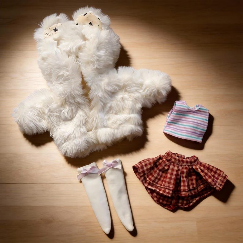 May include: A doll outfit set featuring a fluffy white jacket with bear-like ears, a striped top, a red and brown plaid skirt, and white knee-high socks with pink bows. The items are arranged on a light brown wooden surface.