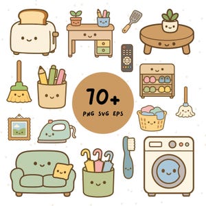 Kawaii Home Clipart Bundle, Everyday Objects SVG, Household PNG (Digital Download)