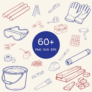 May include: An illustrated collection of construction tools, such as pipes, a ladder, a wrench, gloves, safety goggles, a tape measure, a toolbox, a paint roller, and a bucket. The image includes the text "60+ PNG SVG EPS" within a blue circle.