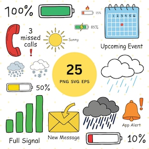 May include: A collection of hand-drawn digital icons, including a red phone receiver, weather symbols, battery indicators, a calendar, and a yellow envelope labeled "New Message". The image also includes the text "25 PNG SVG EPS".