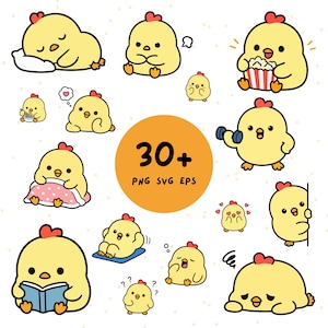 May include: A collection of yellow chick illustrations featuring various activities like sleeping, eating popcorn, reading a book, and exercising. A central orange circle displays the text 30+ PNG SVG EPS, showcasing multiple cartoon character poses.