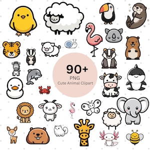Puede incluir: Una colección de más de 90 imágenes prediseñadas de animales lindos en formato PNG. Las ilustraciones incluyen un pollito amarillo, una oveja, un tigre, una cebra, un delfín, un pato, un cangrejo, un león, una cabra, un ciervo, un oso, un gato, un tucán, un flamenco, un rinoceronte, un tejón, una nutria, una vaca, una orca, una mariposa, un elefante, un ajolote y una abeja.