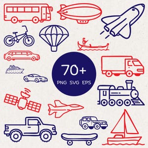 May include: A collection of red and blue line art illustrations of various transportation vehicles, including a bus, blimp, rocket, bicycle, parachute, canoe, limousine, cruise ship, car, truck, train, satellite, airplane, pickup truck, skateboard, jeep, and sailboat. The image includes the text "70+ PNG SVG EPS".
