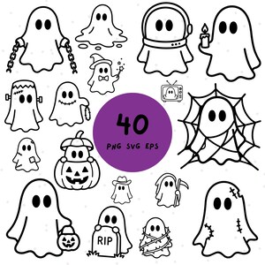 May include: A collection of 16 black and white ghost illustrations in various poses and costumes. Some ghosts are holding chains, a candle, a pumpkin, and a scythe. A purple circle in the center reads "40 PNG SVG EPS".