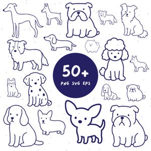 May include: A collection of line art dog illustrations in various breeds, including a bulldog, poodle, and dachshund. A navy blue circle in the center displays the text "50+" and the file types "PNG SVG EPS".