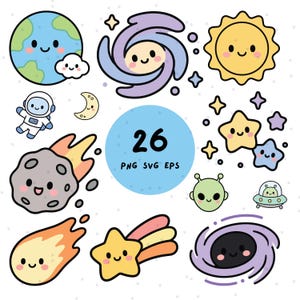 May include: A collection of twenty-six space-themed digital illustrations featuring cute, smiling characters including a planet, sun, galaxy, astronaut, stars, comet, meteor, alien, and UFO. The text 26 PNG SVG EPS is centered in a blue circle.