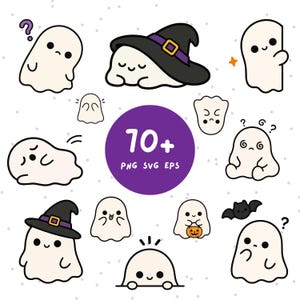 May include: A collection of cute ghost illustrations featuring various expressions and poses, including ghosts wearing witch hats, holding a pumpkin, and looking confused. A central purple circle displays the text 70+ PNG SVG EPS.