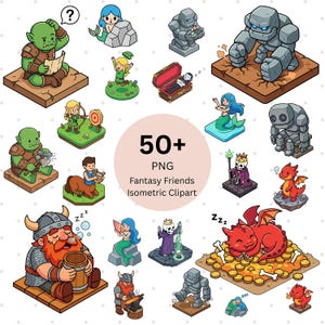 May include: Isometric clipart set featuring various fantasy characters, including orcs, mermaids, dragons, and golems. The image includes the text "50+ PNG Fantasy Friends Isometric Clipart".