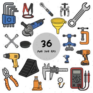 May include: A collection of 36 illustrated tools including an Allen key set, jumper cables, a ratchet, a gear puller, a wrench, a grinder, a funnel, a lug wrench, a clamp, a heat gun, a wheel chock, a drill, pliers, a jack, and a multimeter.