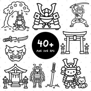 May include: A set of black and white illustrations depicting Japanese samurai and associated symbols. The image includes a samurai helmet, a broken sword, a traditional gate, and a smiling samurai with a dog. The image also includes the text "40+ PNG SVG EPS".