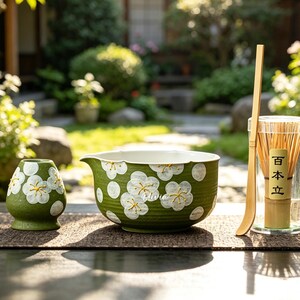 May include: A matcha tea set comprising a green ceramic bowl and a small vase, both decorated with white floral patterns. A bamboo whisk and scoop sit beside a clear container. The set is arranged on a dark brown surface, with a blurred outdoor backdrop.